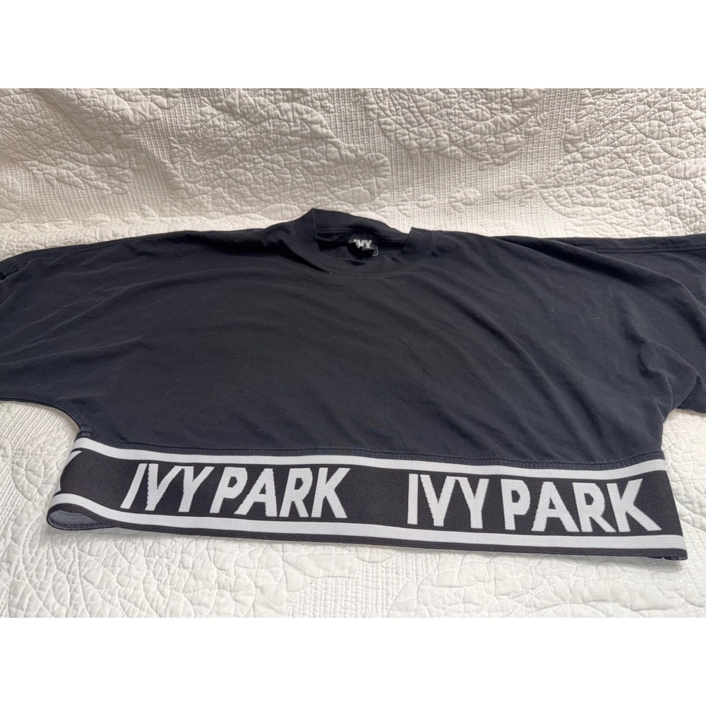Ivy Park Black Logo Elastic Waist Crop Top Oversized Batwing Sleeve Large